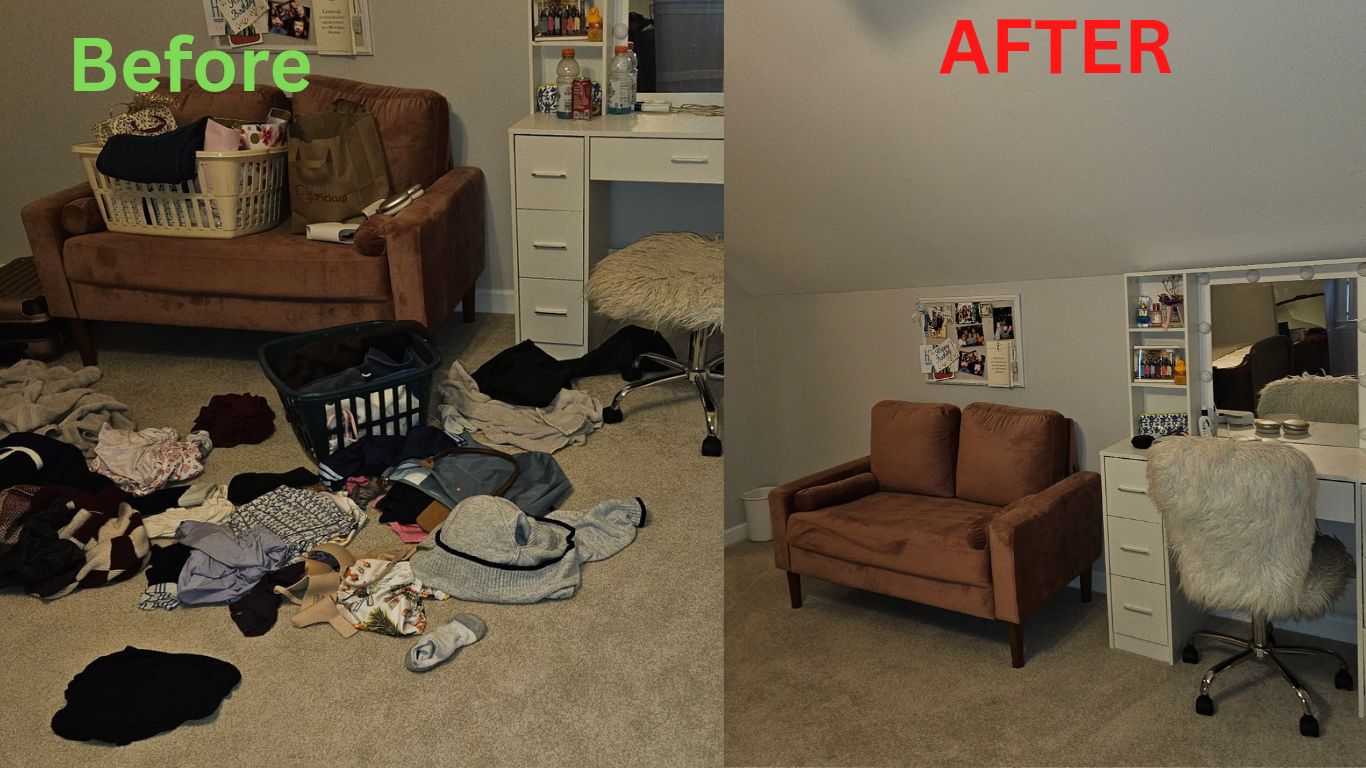 Before and after: a bedroom sitting area covered in clothes, then clean and tidy